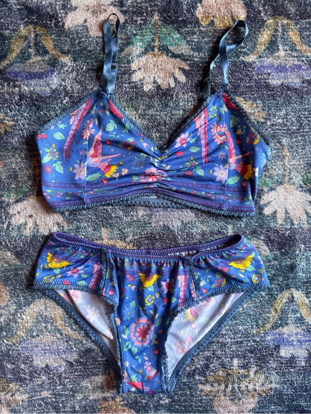 Spell Lovebird Deep Sky Blue Floral Two-Piece Bralette and Briefs Set